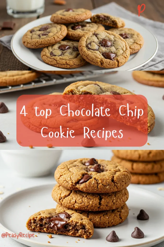 Four plates of cookies showcasing Classic, Healthy, Gluten-Free, and Vegan Chocolate Chip Cookie Recipe on a rustic wooden table with a glass of milk and chocolate chips.