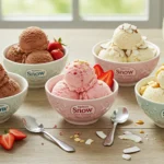 5 bowls of Snow Ice Cream recipe featuring Chocolate, Strawberry, Coconut, Vanilla, and Caramel flavors, garnished with fresh toppings and arranged on a rustic wooden table with spring flowers and fresh fruit.