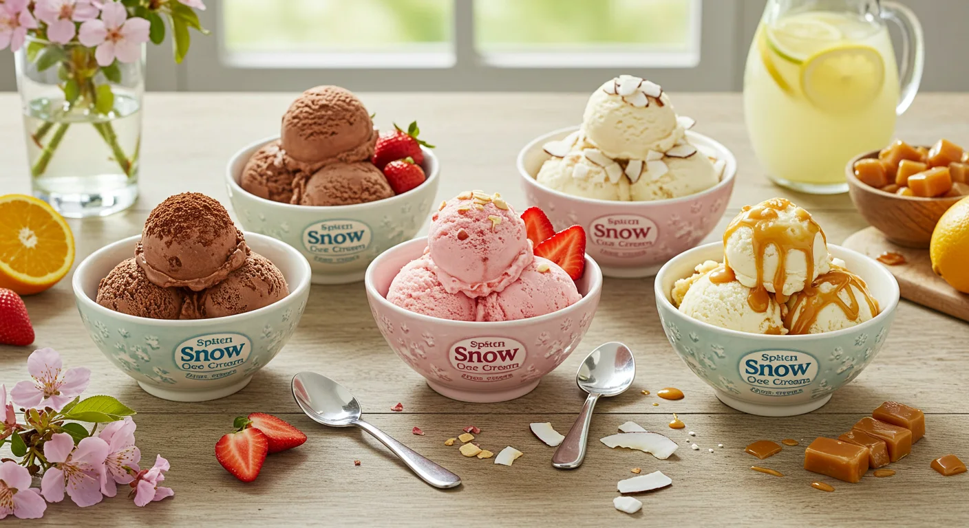 5 bowls of Snow Ice Cream recipe featuring Chocolate, Strawberry, Coconut, Vanilla, and Caramel flavors, garnished with fresh toppings and arranged on a rustic wooden table with spring flowers and fresh fruit.