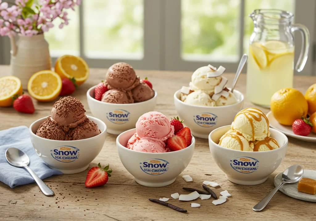 5 bowls of Snow Ice Cream featuring Chocolate, Strawberry, Coconut, Vanilla, and Caramel flavors, garnished with fresh toppings and arranged on a rustic wooden table with spring flowers and fresh fruit.