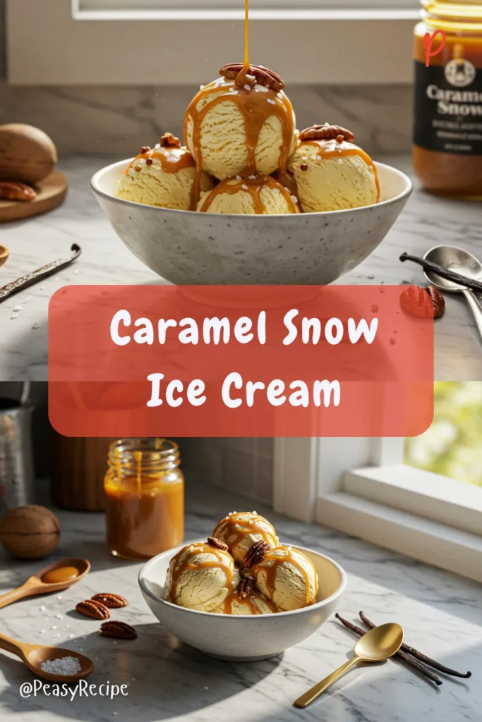 A creamy scoop of Caramel Snow Ice Cream in a bowl, drizzled with caramel sauce and sprinkled with crushed caramel candies.