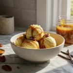 A spoonful of Caramel Snow Ice Cream showing its smooth, no-churn consistency with caramel drizzle in the background.