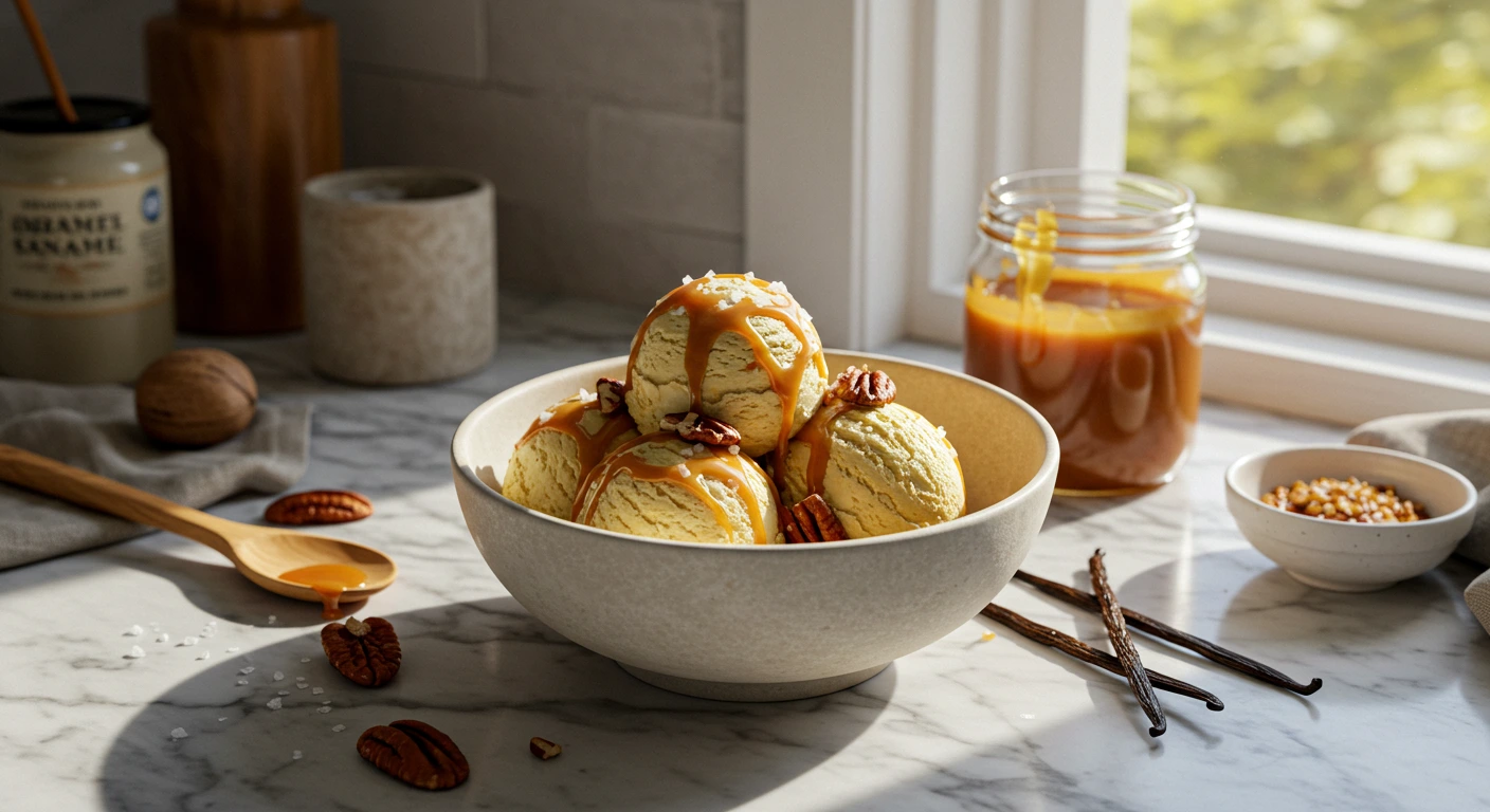 A spoonful of Caramel Snow Ice Cream showing its smooth, no-churn consistency with caramel drizzle in the background.