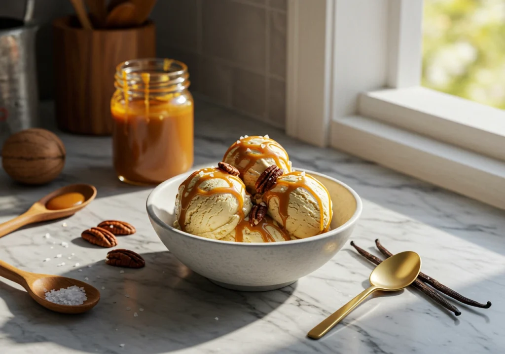 Caramel Snow Ice Cream in a waffle cone, melting slightly under warm lighting, highlighting its airy texture.