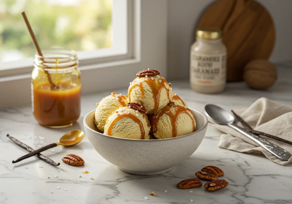 Close-up of homemade Caramel Snow Ice Cream with a soft, fluffy texture and a golden caramel swirl on top.