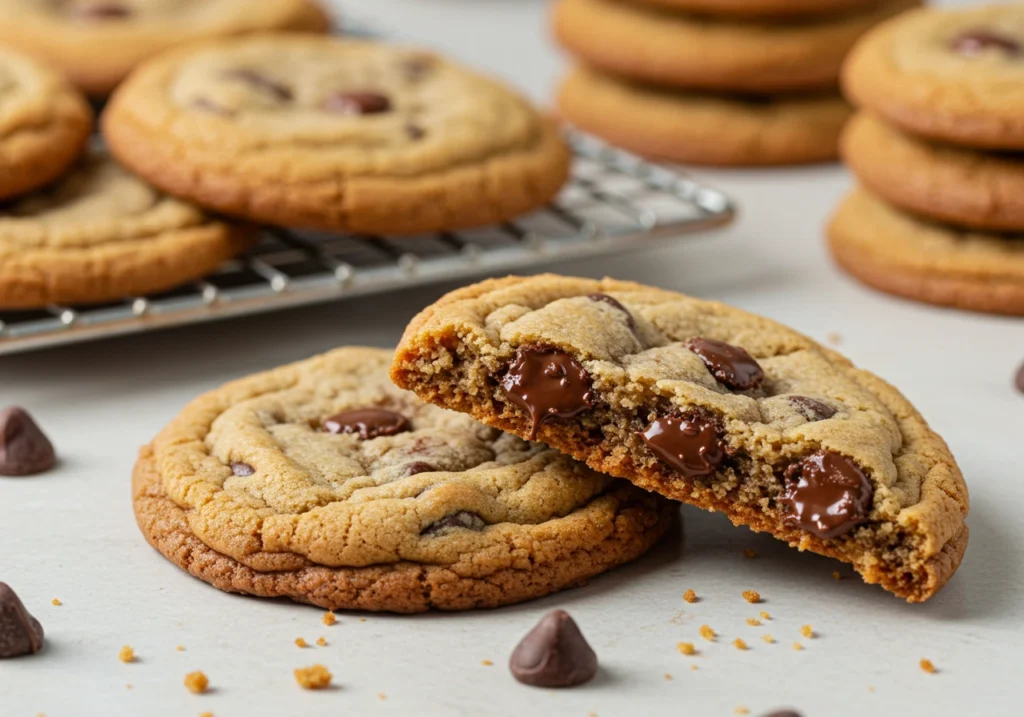 A plate of Classic Chocolate Chip Cookies with a glass of milk, ideal for any occasion.