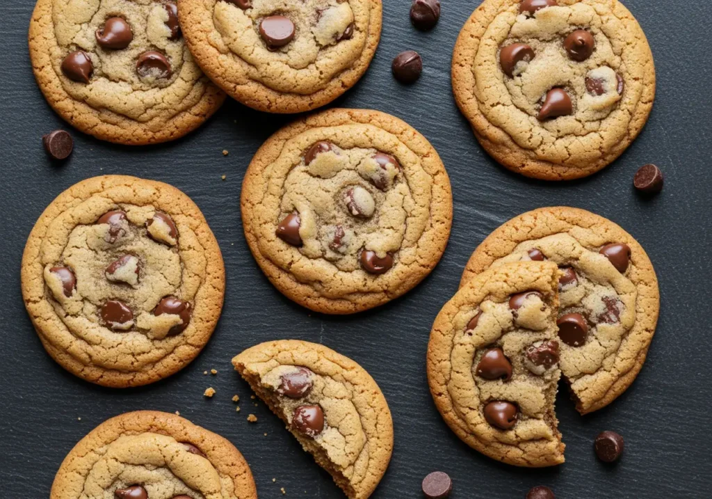 Freshly baked Classic Chocolate Chip Cookies recipe with gooey chocolate chips on a rustic table.