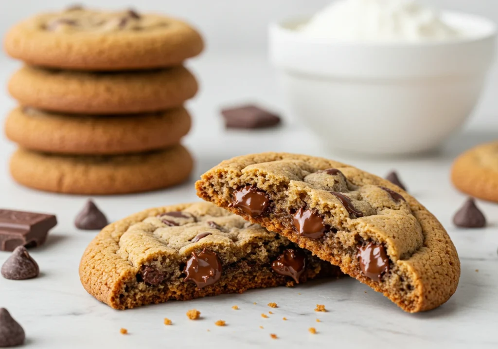 Golden Classic Chocolate Chip Cookies with melted chocolate chips, ready to enjoy.