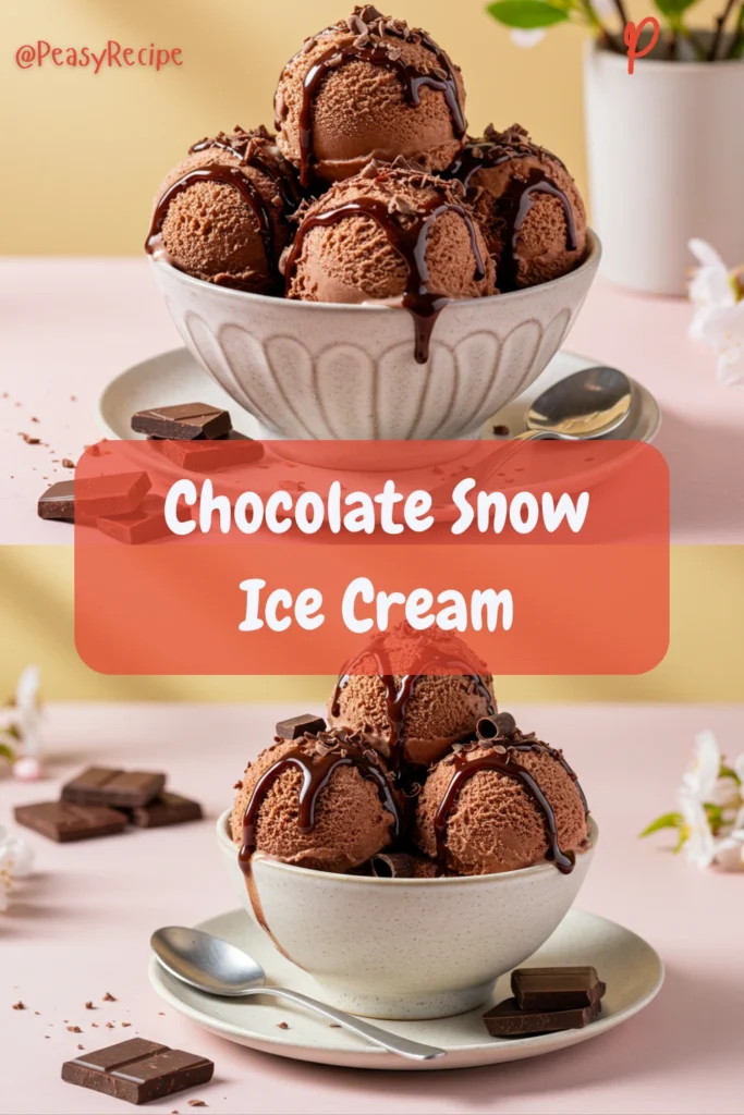 Creamy Chocolate Snow Ice Cream recipe served in a bowl with whipped cream and chocolate drizzle.