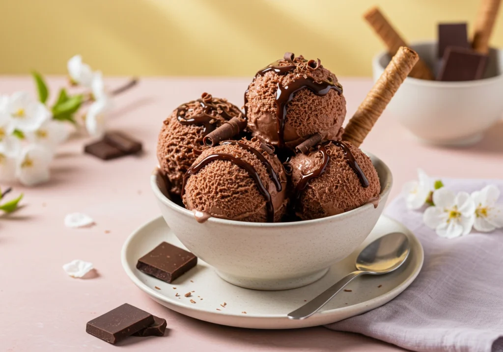 Easy-to-make Chocolate Snow Ice Cream recipe in a spring-themed setting.