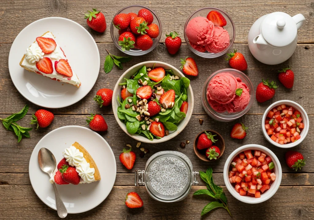 Fresh strawberries and 5 delicious strawberry recipes: Strawberry Shortcake, Homemade Strawberry Sorbet, Fresh Strawberry Salad, Strawberry Chia Pudding, and Fresh Strawberry Salsa on a rustic wooden table.