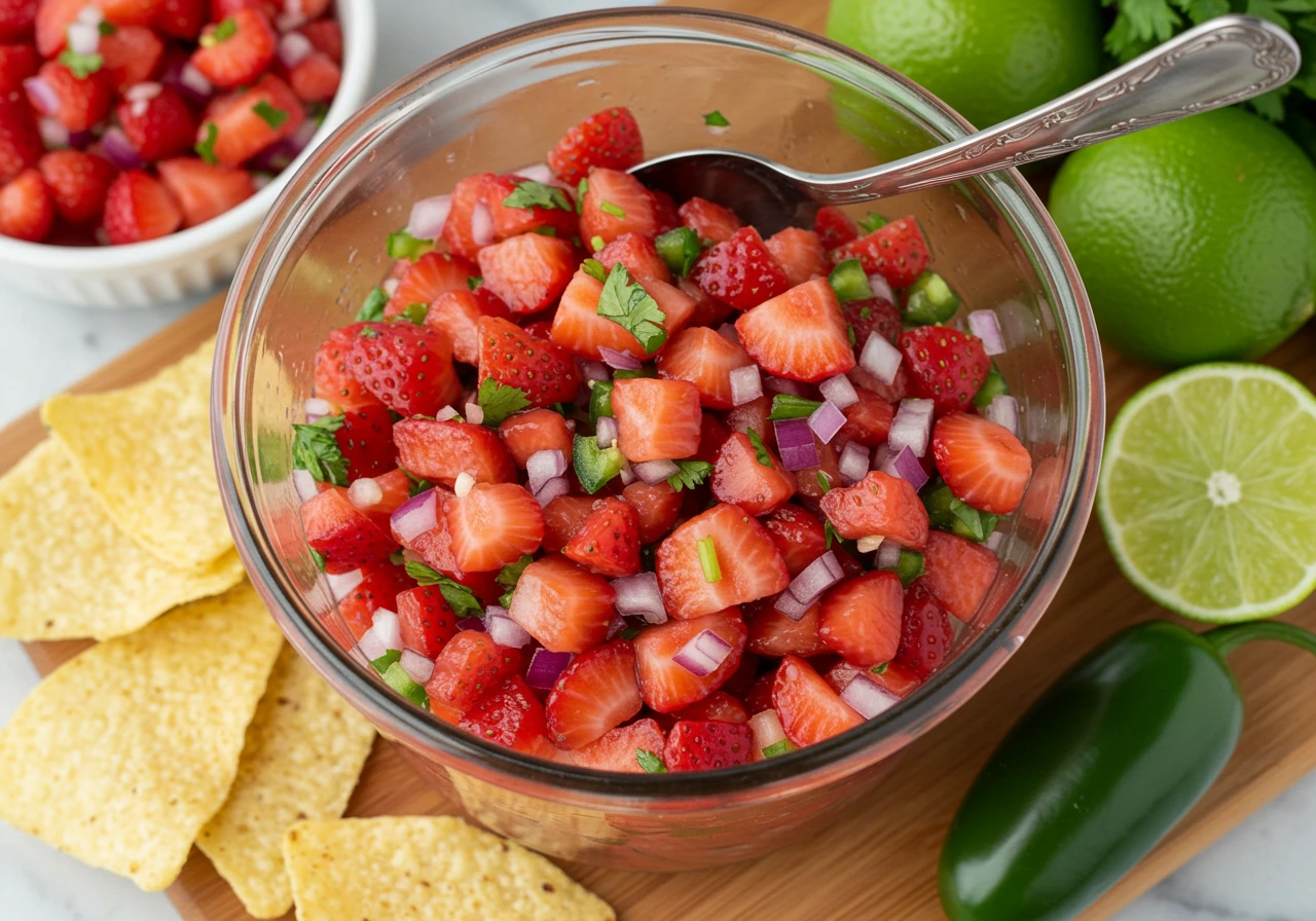 Fresh Strawberry Salsa in a white bowl with tortilla chips on the side