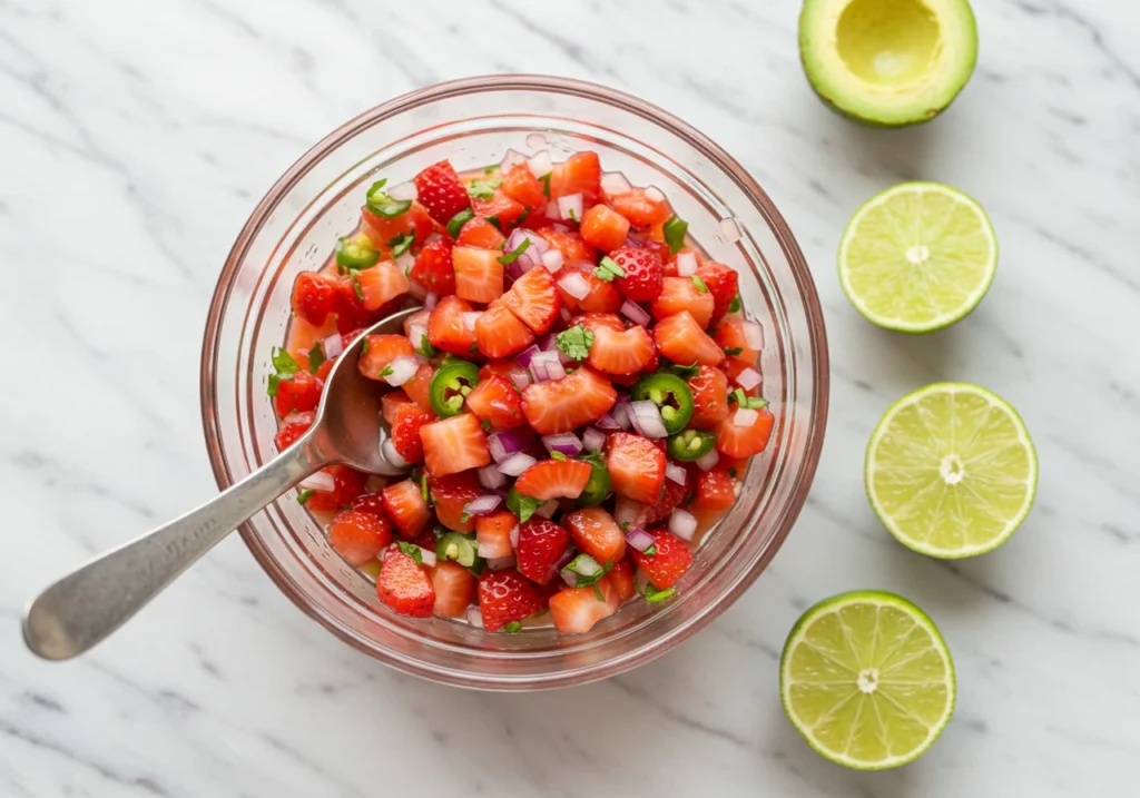 Sweet and spicy Fresh Strawberry Salsa with fresh herbs and lime juice