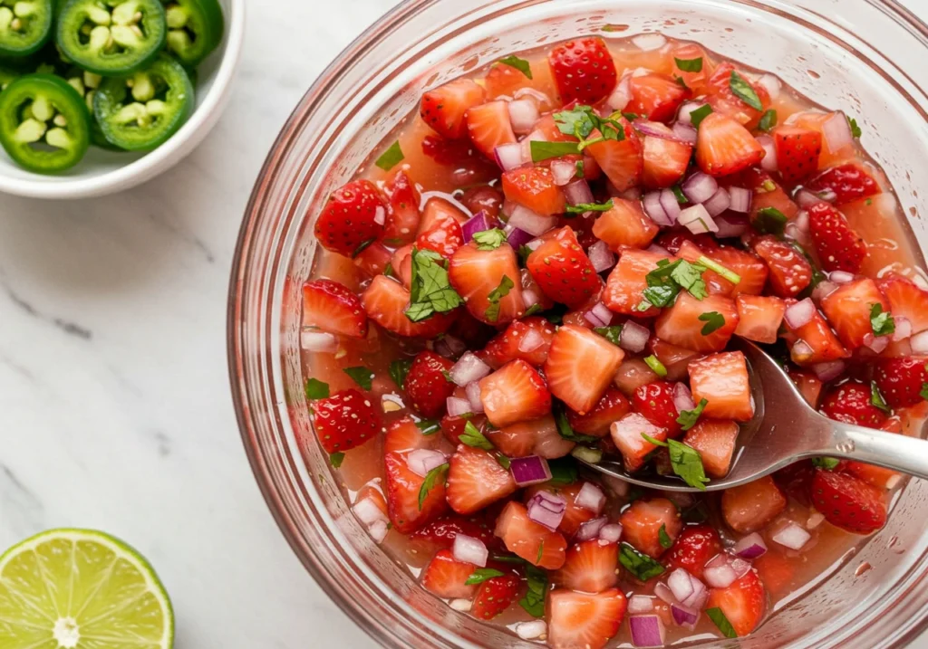 Easy-to-make Fresh Strawberry Salsa served in a rustic bowl