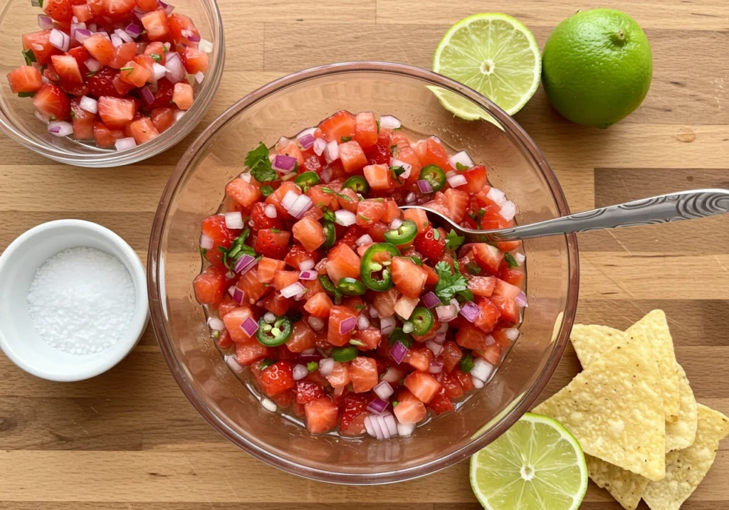 Colorful Fresh Strawberry Salsa with diced strawberries, cilantro, and jalapeños