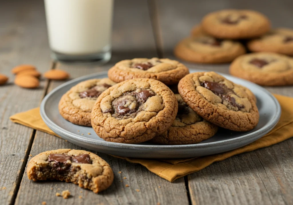 A plate of Gluten-Free Chocolate Chip Cookies with a glass of almond milk, perfect for a guilt-free treat.