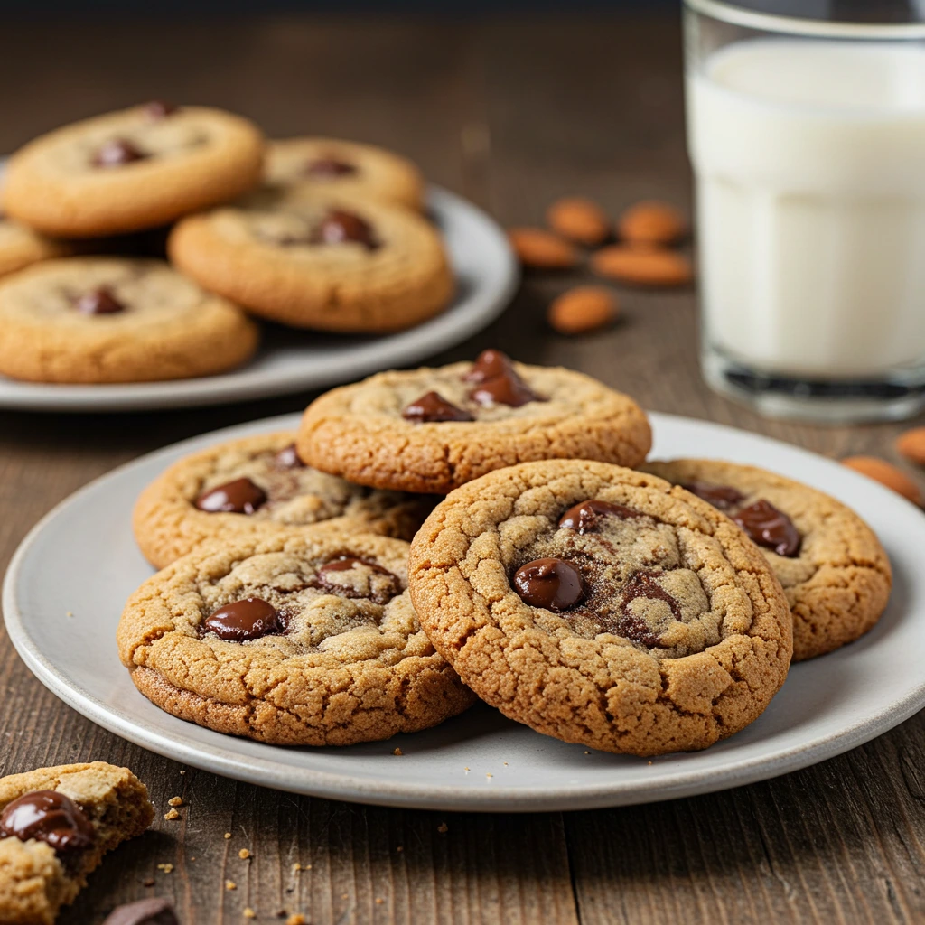 Freshly baked Gluten-Free Chocolate Chip Cookies with gooey chocolate chips on a rustic table.