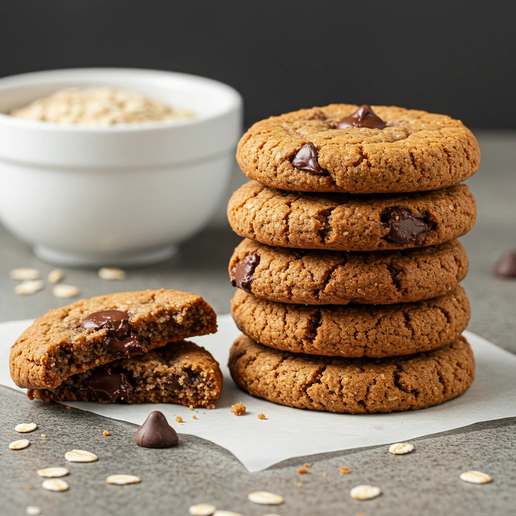 A plate of Healthy Chocolate Chip Cookies with a glass of almond milk, perfect for a guilt-free treat.