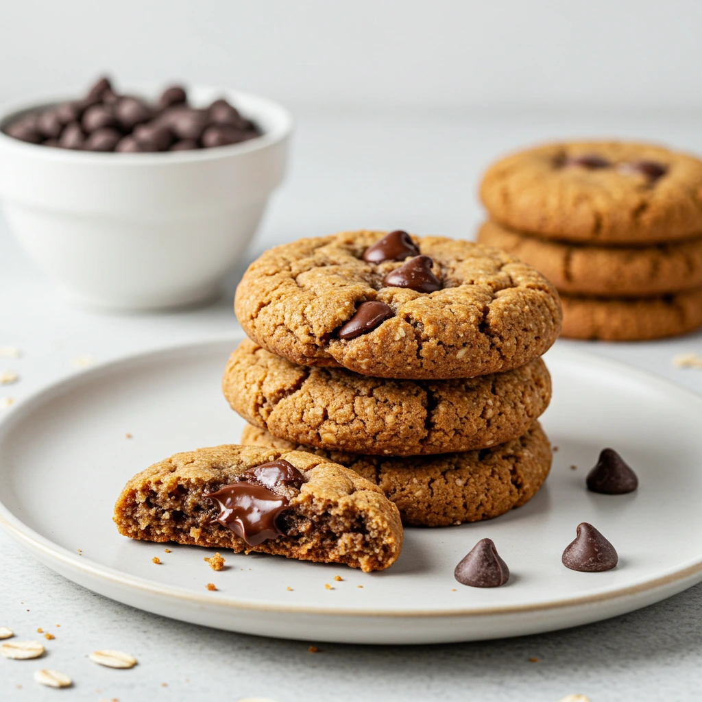 Freshly baked Healthy Chocolate Chip Cookies with dark chocolate chips on a rustic table