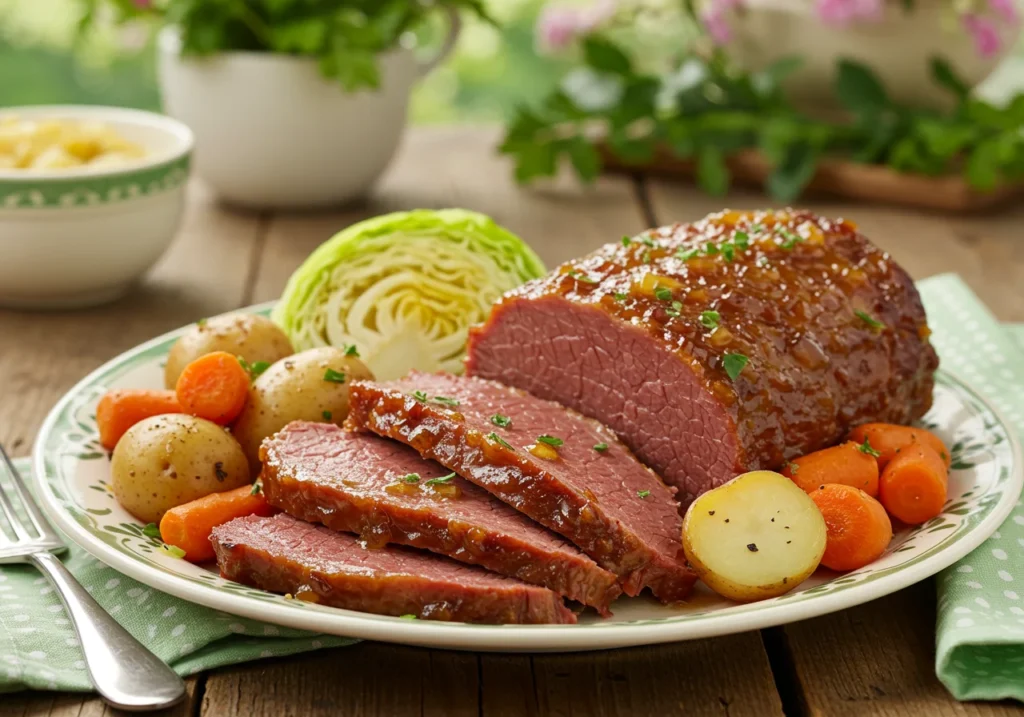 Sweet and savory Slow Cooker Brown Sugar and Mustard Corned Beef with a rich glaze