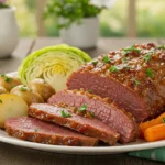 Slow Cooker Brown Sugar and Mustard Corned Beef with cabbage, carrots, and potatoes