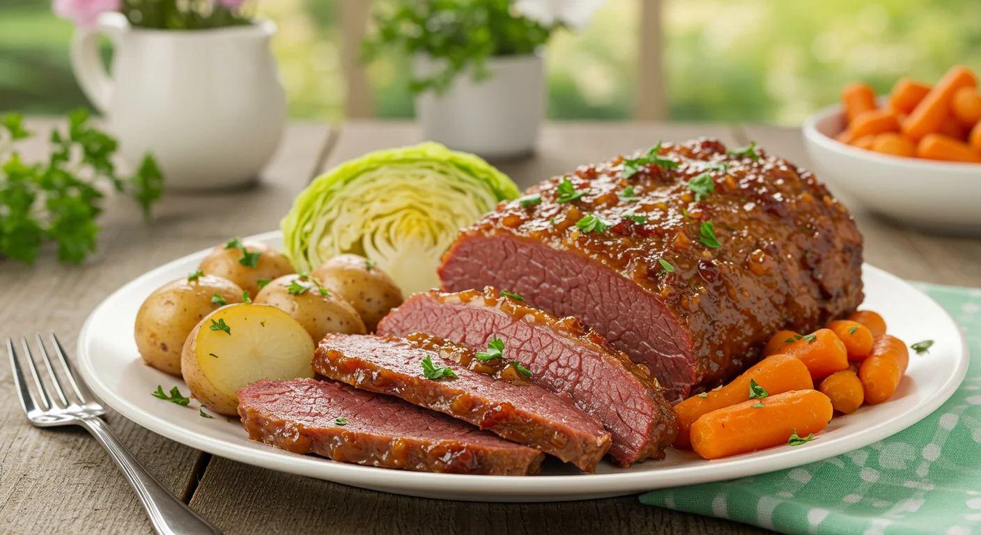 Slow Cooker Brown Sugar and Mustard Corned Beef with cabbage, carrots, and potatoes