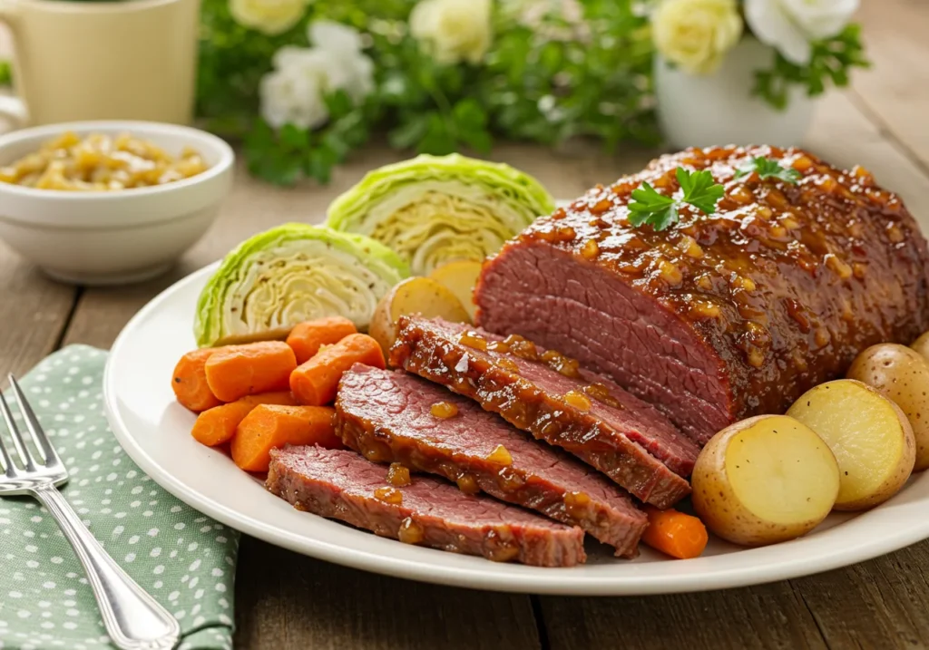 Easy Slow Cooker Brown Sugar and Mustard Corned Beef with vegetables