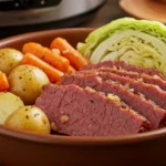 Tender Slow Cooker Corned Beef & Cabbage with potatoes, carrots, and cabbage in a rustic bowl