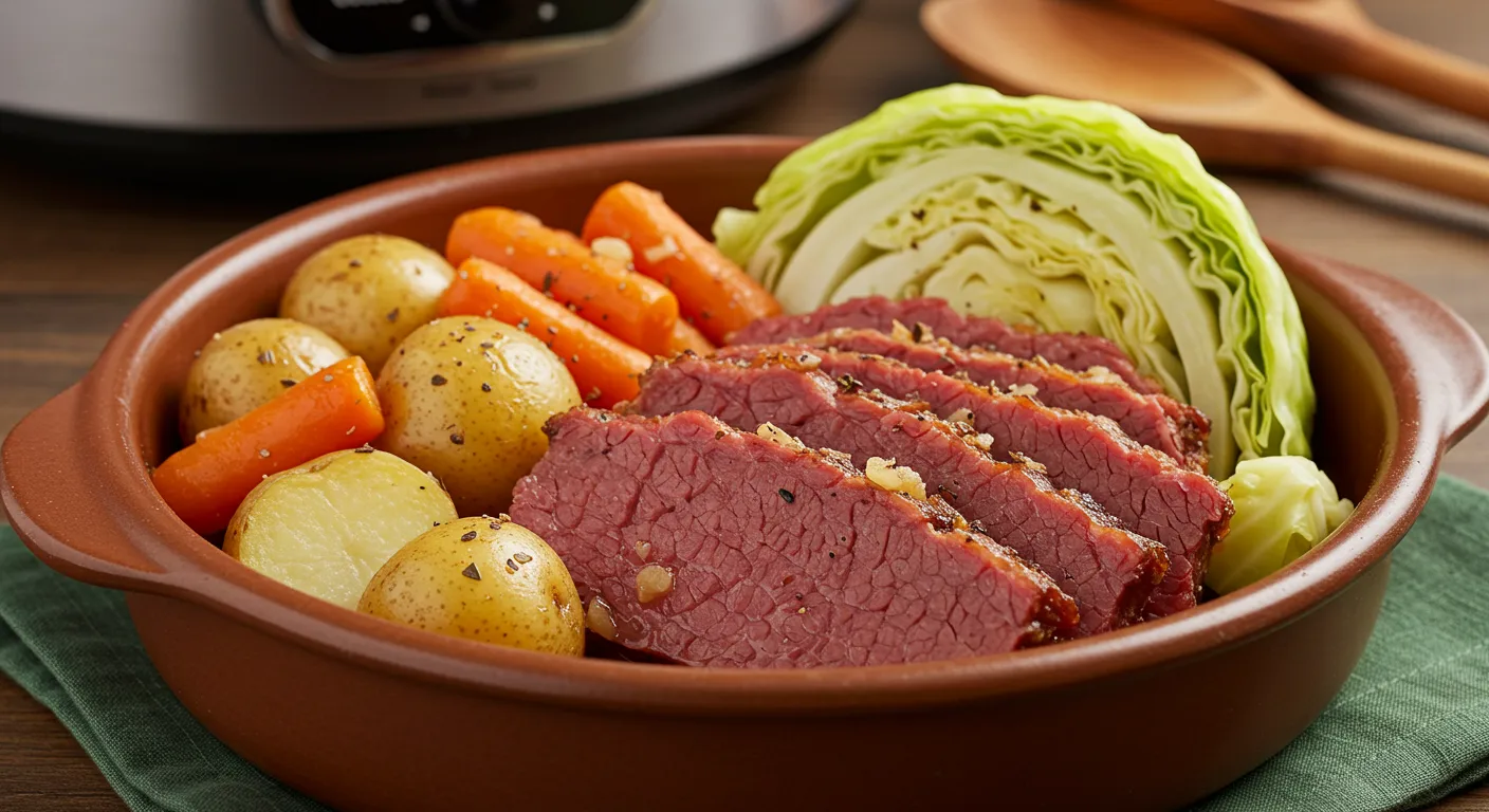 Tender Slow Cooker Corned Beef & Cabbage with potatoes, carrots, and cabbage in a rustic bowl