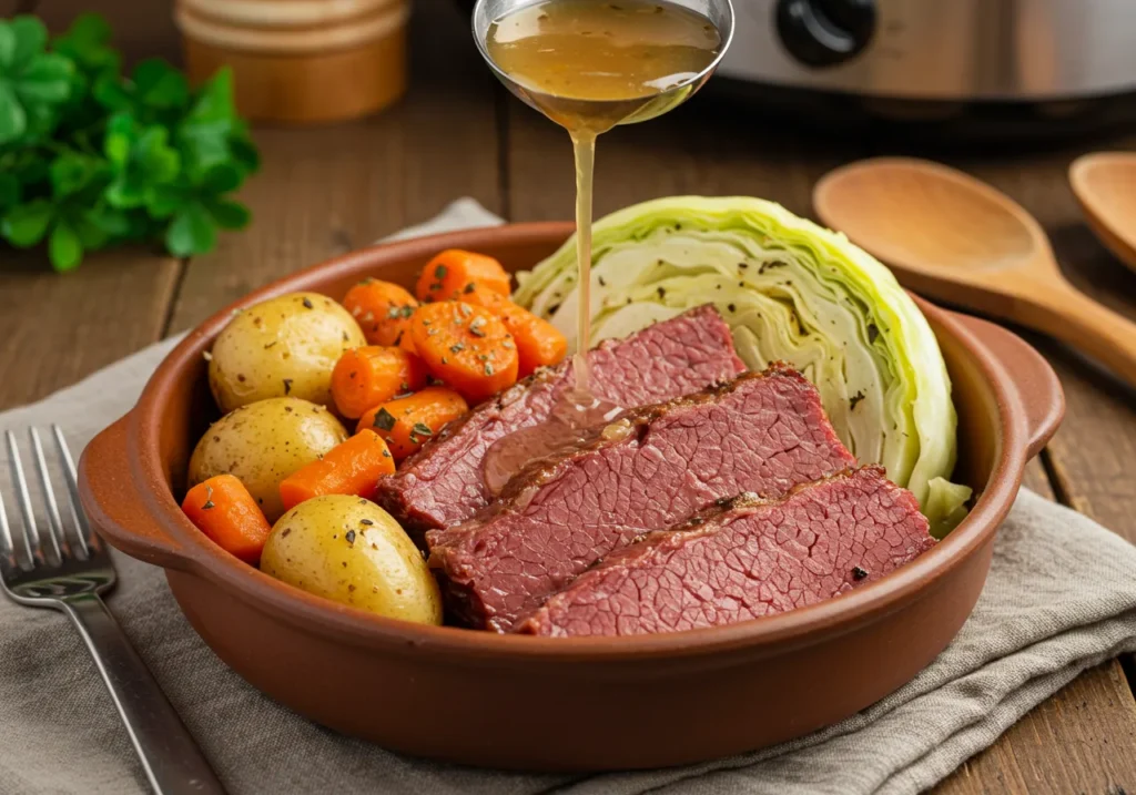 Flavorful Slow Cooker Corned Beef & Cabbage in a slow cooker, ready to serve.