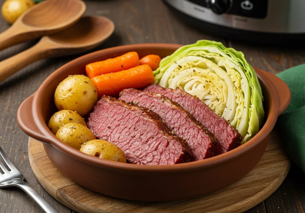 A hearty serving of Slow Cooker Corned Beef & Cabbage, garnished with fresh parsley