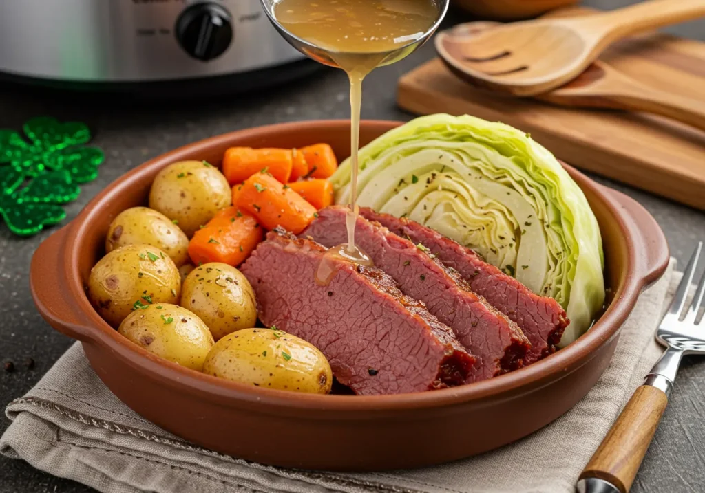 Juicy slices of Slow Cooker Corned Beef and Cabbage surrounded by golden potatoes and vibrant vegetables