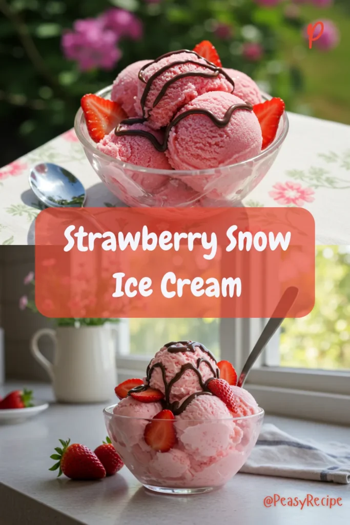 Creamy Strawberry Snow Ice Cream in a bowl with fresh strawberry slices on top.