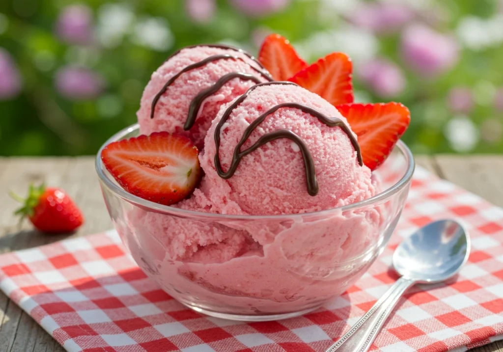 Homemade Strawberry Snow Ice Cream served with a drizzle of chocolate syrup