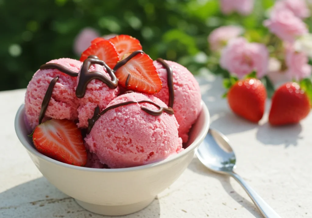 Easy no-churn Strawberry Snow Ice Cream with fresh strawberries and whipped cream