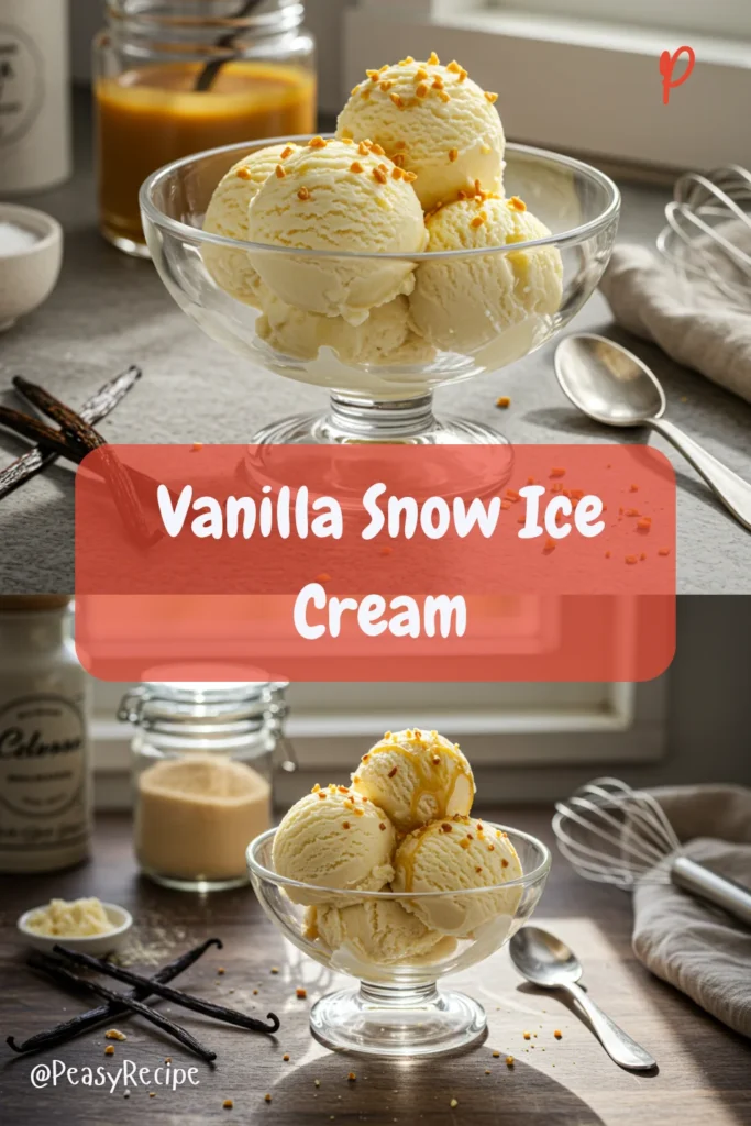 A bowl of Vanilla Snow Ice Cream with fresh spring flowers in the background, topped with a drizzle of honey.