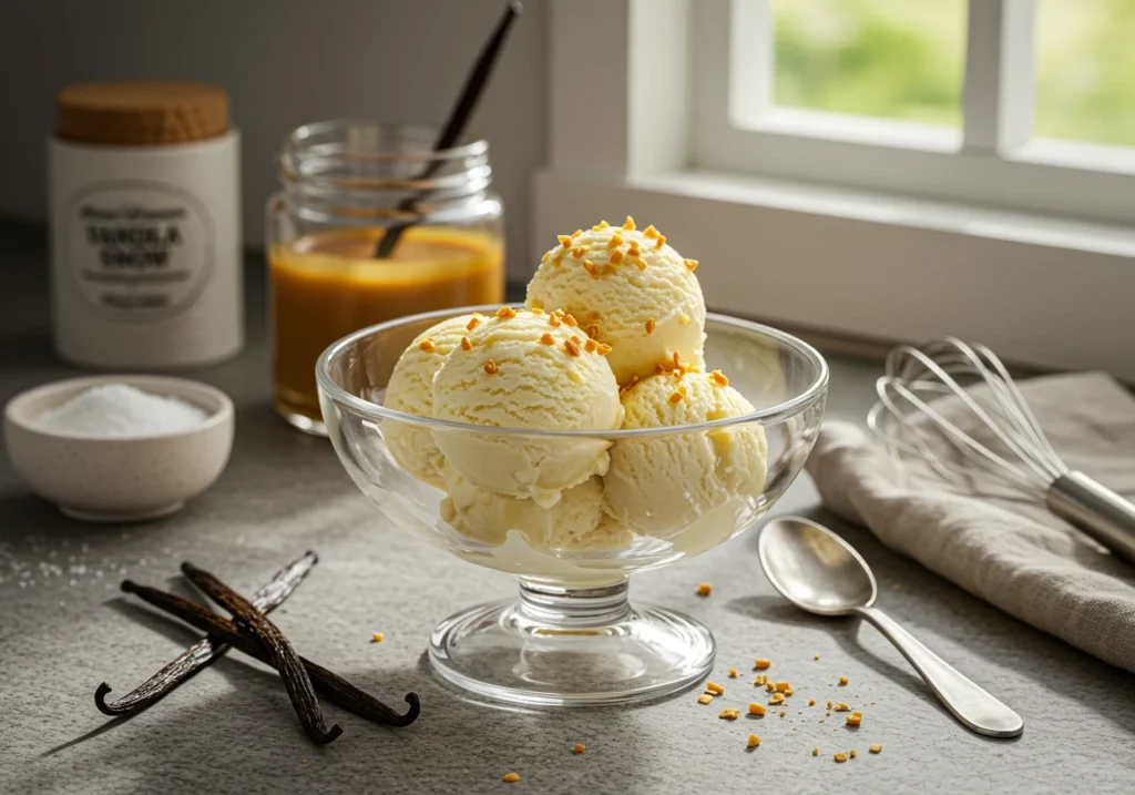 A scoop of Vanilla Snow Ice Cream in a waffle cone, with a bright spring meadow in the background.