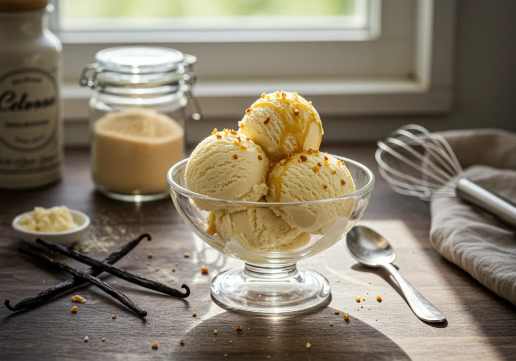 Homemade Vanilla Snow Ice Cream served in a glass dish, sitting on a garden table with spring blossoms.