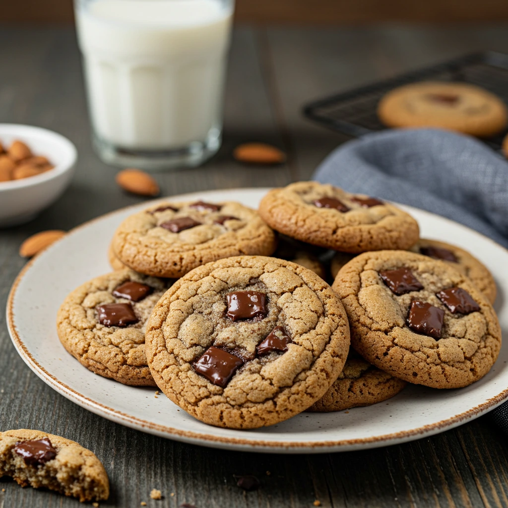 Freshly baked Vegan Chocolate Chip Cookies with gooey chocolate chips on a rustic table.