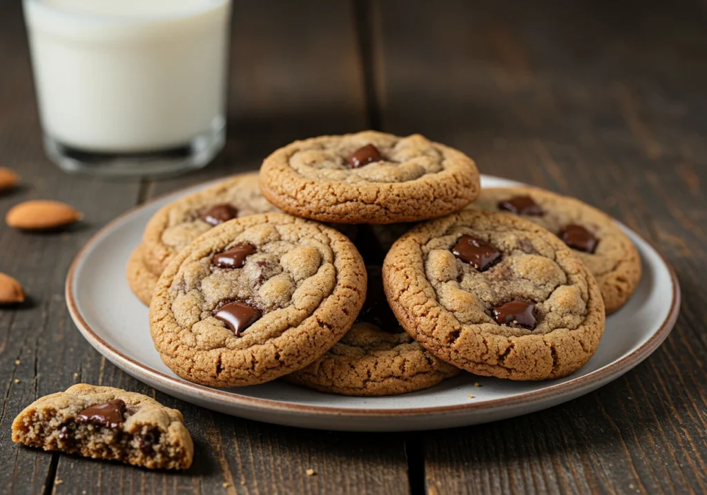 A plate of Vegan Chocolate Chip Cookies with a glass of almond milk, perfect for a plant-based treat.