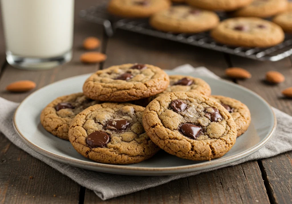 Golden Vegan Chocolate Chip Cookies with melted chocolate chips, ready to enjoy.