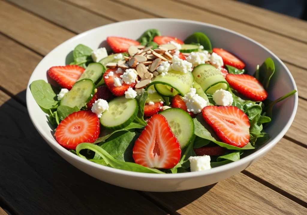 Colorful Fresh Strawberry Salad topped with sliced almonds and a glossy honey-mustard dressing.