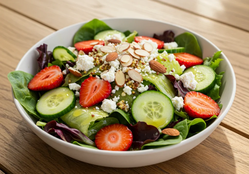 Colorful Fresh Strawberry Salad topped with sliced almonds and a glossy honey-mustard dressing.