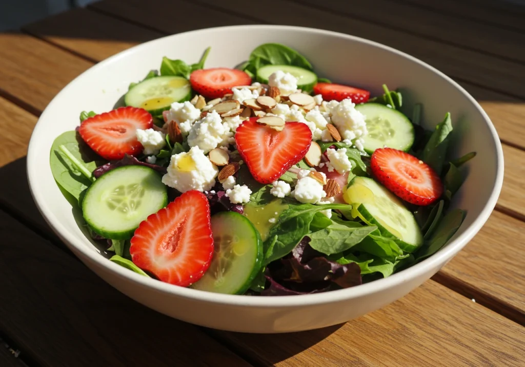 Vibrant bowl of Fresh Strawberry Salad featuring fresh strawberries, cucumbers, and crumbled feta cheese.