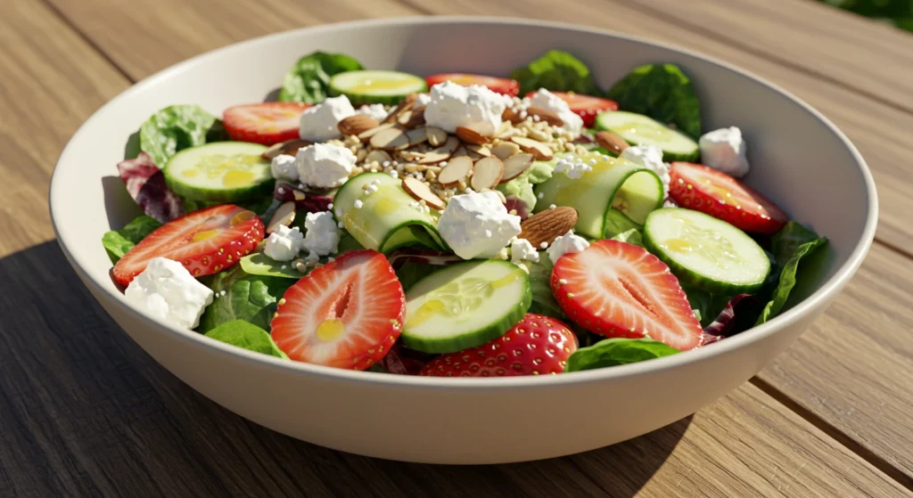 Fresh Strawberry Salad with mixed greens, sliced strawberries, cucumbers, and almonds, drizzled with honey-mustard dressing.