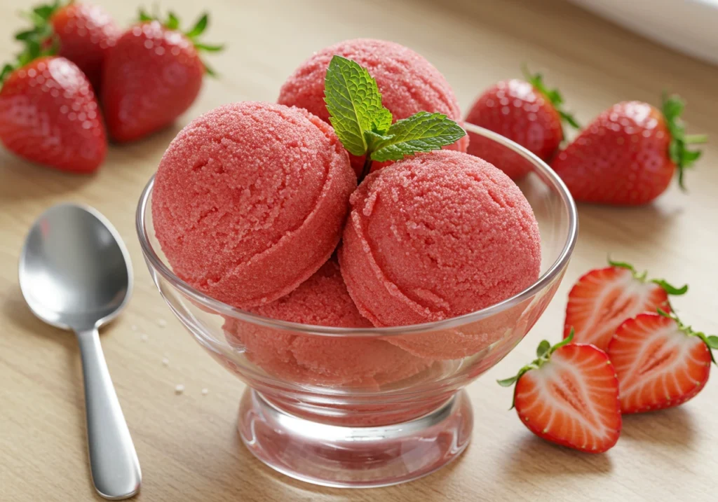 Vibrant strawberry sorbet with fresh fruit garnish, perfect for summer desserts.