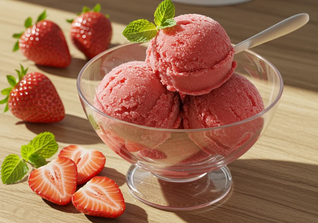 Easy homemade strawberry sorbet recipe, a cool and creamy dairy-free dessert.