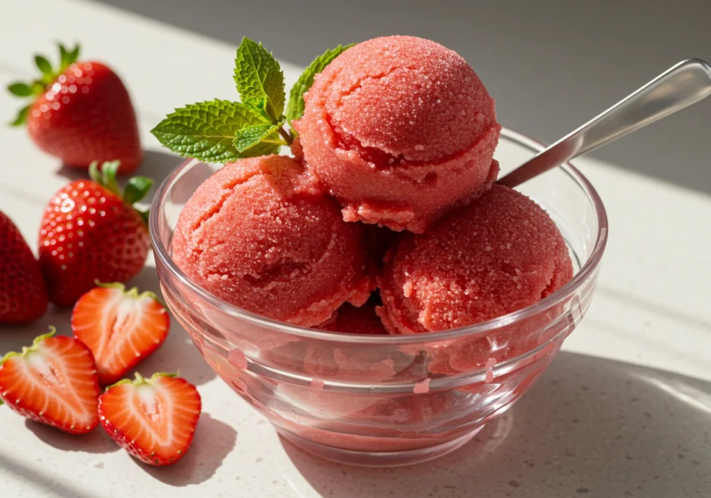 Refreshing strawberry sorbet served in a glass bowl with a spoon, garnished with sliced strawberries.