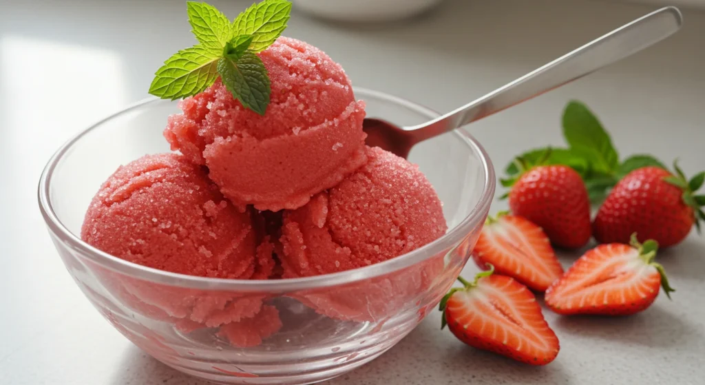 A bowl of homemade strawberry sorbet topped with fresh strawberries and mint leaves.