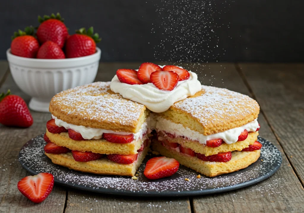 Delicious Strawberry Shortcake topped with whipped cream and fresh strawberry slices.